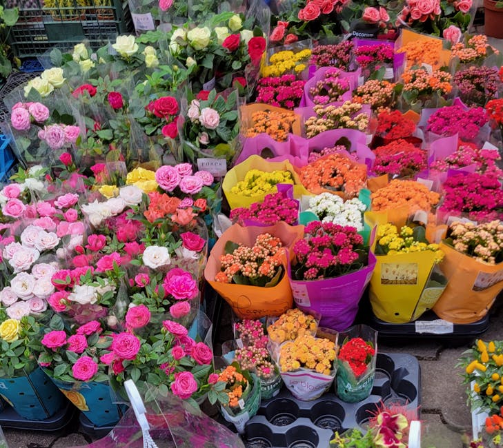 A vibrant display of fresh flowers at a florist, featuring a variety of blooms including roses in shades of pink, white, yellow, and red, arranged in bouquets and wrapped in colorful paper and plastic