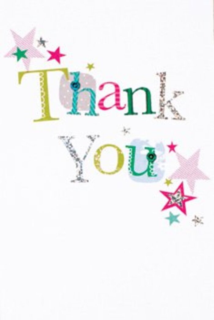 This thank you card exudes quiet exuberance, its design evoking the lively yet refined aesthetic typical of Haringey's leafy streets. The letters of the message are composed with care-some whimsical, adorned with playful polka dots and curved lines, while others display a soft elegance enhanced by subtle silver flourishes and fine stitched detail. Around the central message, vibrant stars gather, their pink stripes, turquoise glows, and metallic gleam giving the impression of little tokens of cheer, reminiscent of fairylights along Stroud Green Road. The entire composition sits within an uncluttered white expanse, lending an airy, modern grace. With its blend of sophistication and approachability, the card strikes the perfect chord-neither too formal nor too informal-making it suitable for many occasions. As a florist familiar with Haringey's vibrant community, I imagine this card elegantly tucked alongside a fresh arrangement of local blooms, expressing gratitude with all the warmth and brightness of a thoughtful neighbour's gesture.